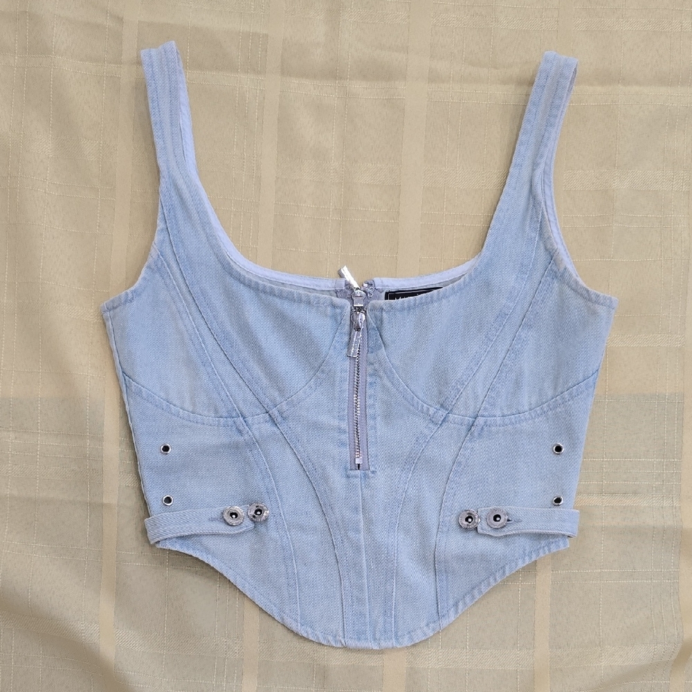 Maniere De Voir Light Blue Denim Corset Tank with Front Zip - Picture 2 of 5